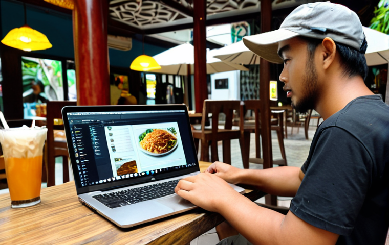 **

Prompt: A digital nomad working on a laptop at a cafe in Kuala Lumpur, Malaysia, with local food and drinks on the table. Focus on showcasing a realistic and comfortable work environment.

**