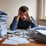 **

A person working remotely, looking stressed and overwhelmed by a disorganized mess of files scattered around their desk.

**
