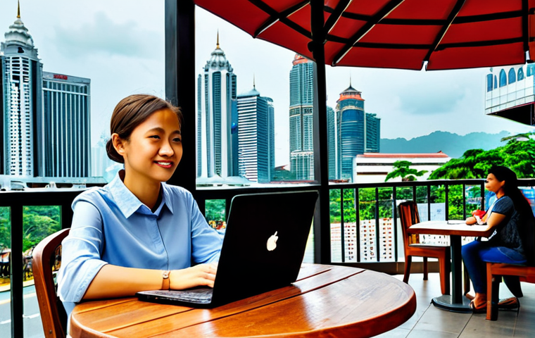 Cost of Living Comparison**
"A digital nomad woman, fully clothed in modest attire, sitting at a laptop at an outdoor cafe in Kuala Lumpur. In the background, show a split scene: one side depicts a modern, expensive area with high-rise buildings, the other a more traditional, affordable area with street food stalls. Safe for work. Professional photo, perfect anatomy, correct proportions, appropriate content, family-friendly."
**